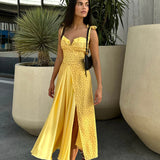 Yellow polka dot flowy slit midi dress with sweetheart neckline — Post Meridiem | Endless UAE