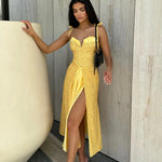 Yellow polka dot flowy slit midi dress with sweetheart neckline — Post Meridiem | Endless UAE