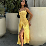 Yellow polka dot flowy slit midi dress with sweetheart neckline — Post Meridiem | Endless UAE