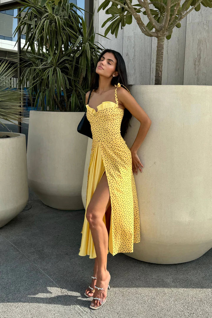 Yellow polka dot flowy slit midi dress with sweetheart neckline — Post Meridiem | Endless UAE
