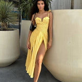 Yellow polka dot flowy slit midi dress with sweetheart neckline — Post Meridiem | Endless UAE