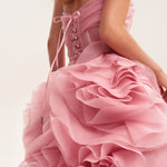 Pink strapless maxi dress with dramatic cascading rose appliques and corset-style lace-up back detail — Milla | Endless UAE
