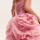 Pink strapless maxi dress with dramatic cascading rose appliques and corset-style lace-up back detail — Milla | Endless UAE
