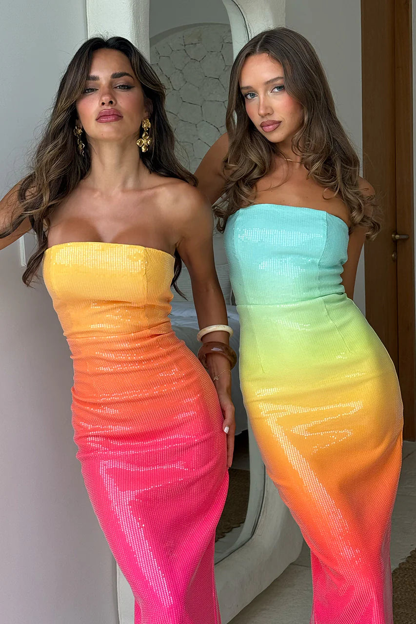 Malibu Midi Dress in rainbow ombre gradient from mint to coral — Runaway The Label | Endless UAE