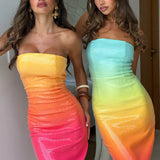 Malibu Midi Dress in rainbow ombre gradient from mint to coral — Runaway The Label | Endless UAE