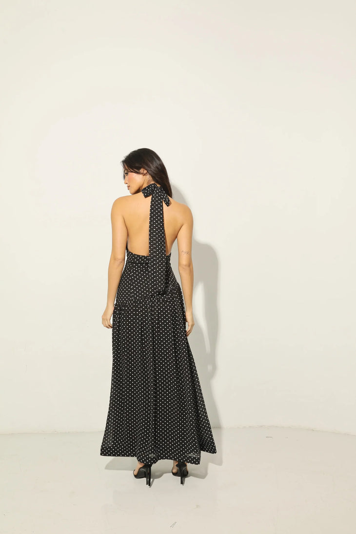 Black polka dot halter maxi dress with open back and tie detail — Anne Louis Boutique | Endless UAE