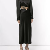 Black silk cropped shirt with wrap-around tie detail and button front closure — Christopher Esber | Endless UAE
