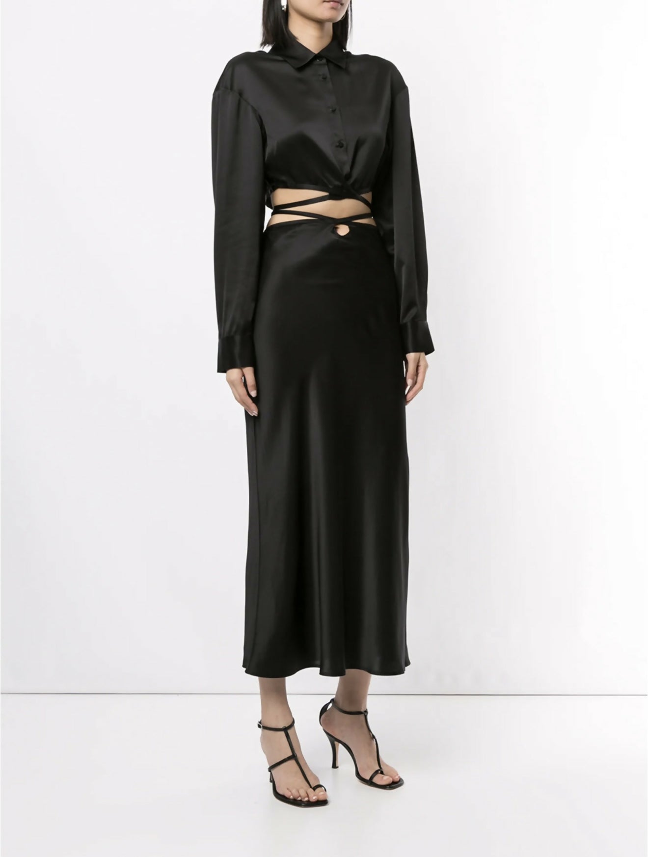 Black silk cropped shirt with wrap-around tie detail and button front closure — Christopher Esber | Endless UAE