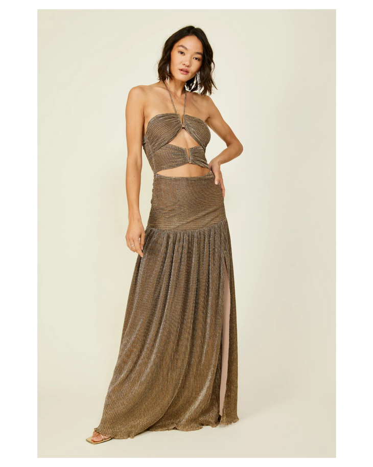 Gold halter cutout maxi dress with pleated skirt detail — Line & Dot | Endless UAE