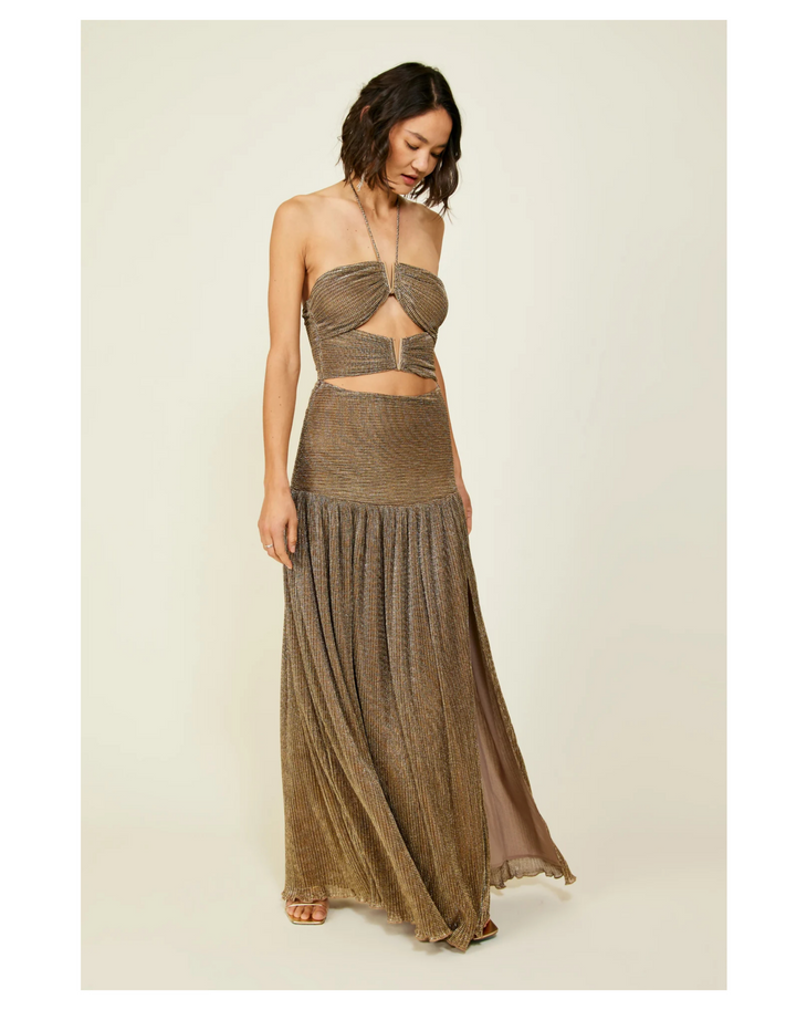 Gold halter cutout maxi dress with pleated skirt detail — Line & Dot | Endless UAE