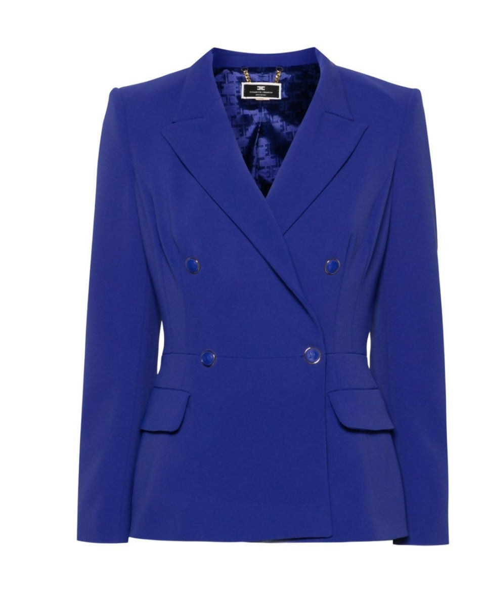 Woman wearing royal blue double-breasted tailored suit with black heels — Elisabetta Franchi | Endless UAE