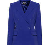 Woman wearing royal blue double-breasted tailored suit with black heels — Elisabetta Franchi | Endless UAE