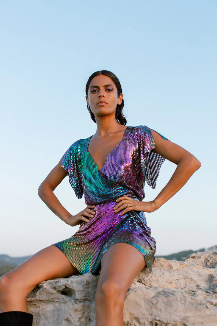 Aura Dress in multicolor sequin with petrol tones, short sleeves and wrap waist — Isabel Moore | Endless UAE
