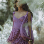 Gaia Mini Dress in purple with draped wrap bodice and flowing skirt — Endless | Endless UAE
