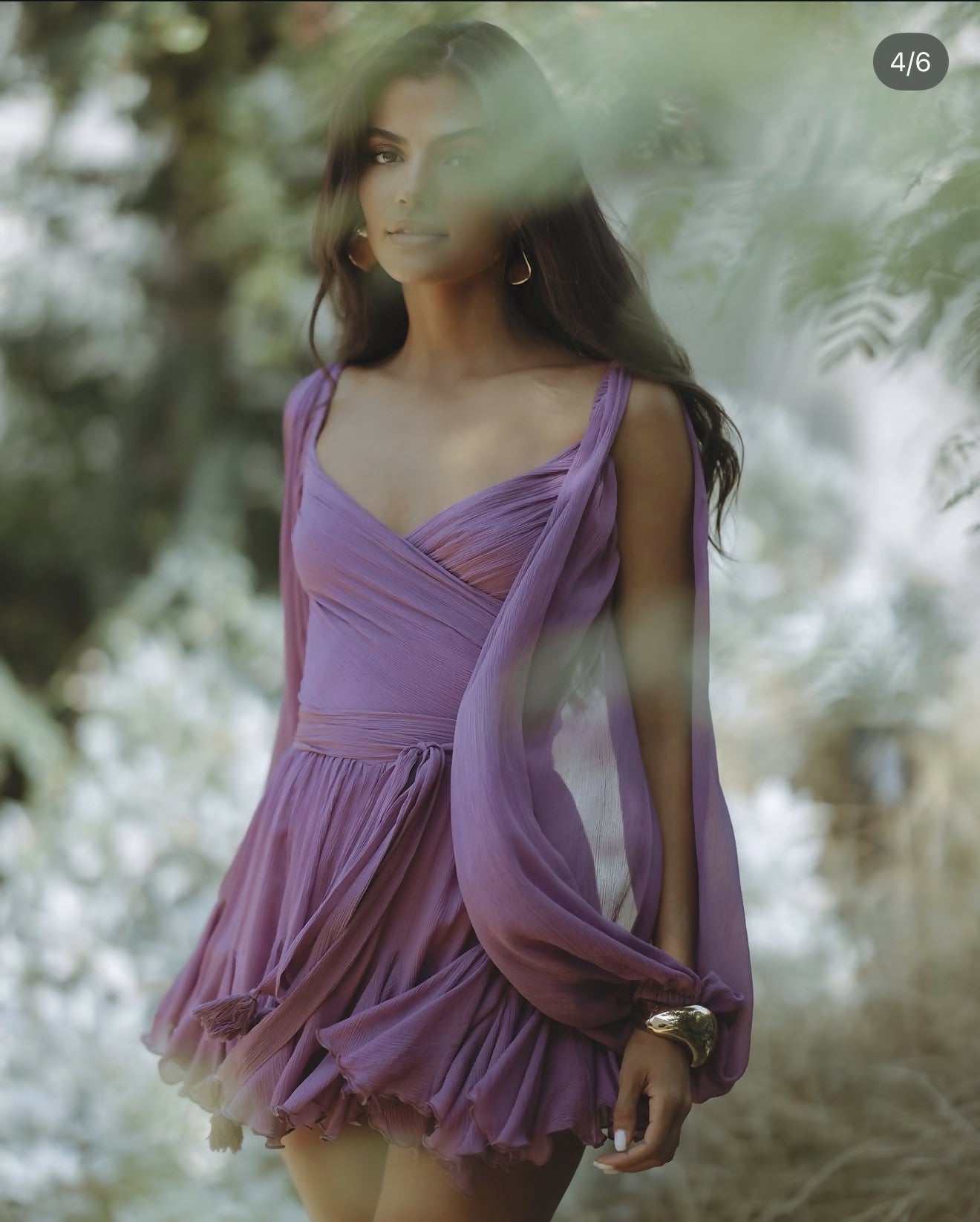 Gaia Mini Dress in purple with draped wrap bodice and flowing skirt — Endless | Endless UAE