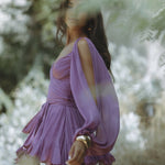 Gaia Mini Dress in purple with draped wrap bodice and flowing skirt — Endless | Endless UAE