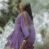 Gaia Mini Dress in purple with draped wrap bodice and flowing skirt — Endless | Endless UAE