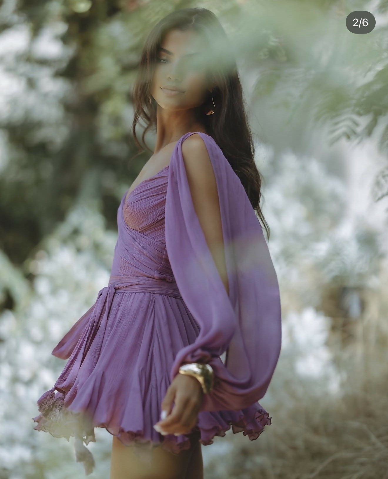 Gaia Mini Dress in purple with draped wrap bodice and flowing skirt — Endless | Endless UAE