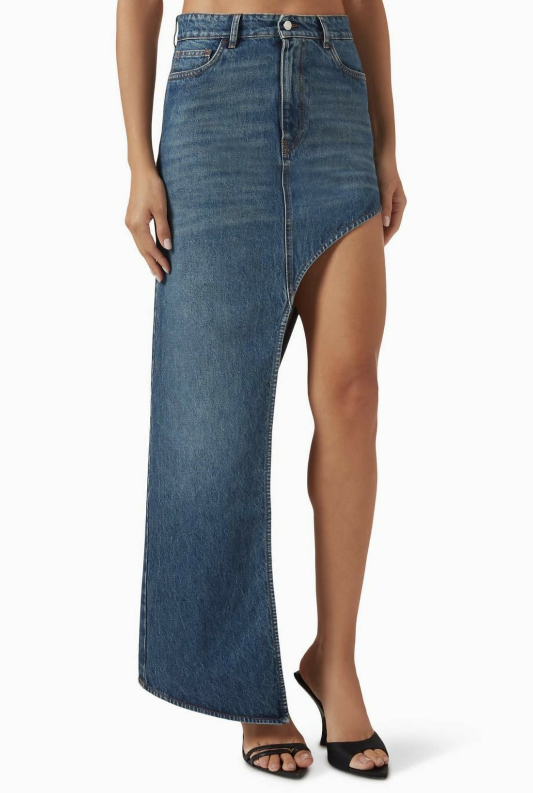 Asymmetric denim skirt with high waist and dramatic side slit — Coperni | Endless UAE