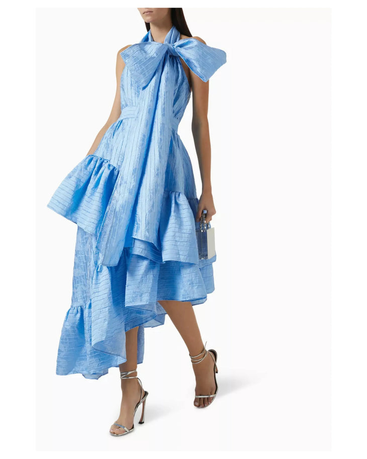 Blue bow halter layered-skirt midi dress with asymmetrical hemline — Poca & Poca | Endless UAE