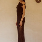 Black off-shoulder knit maxi dress with pleated hem detail — Seven Wonders | Endless UAE