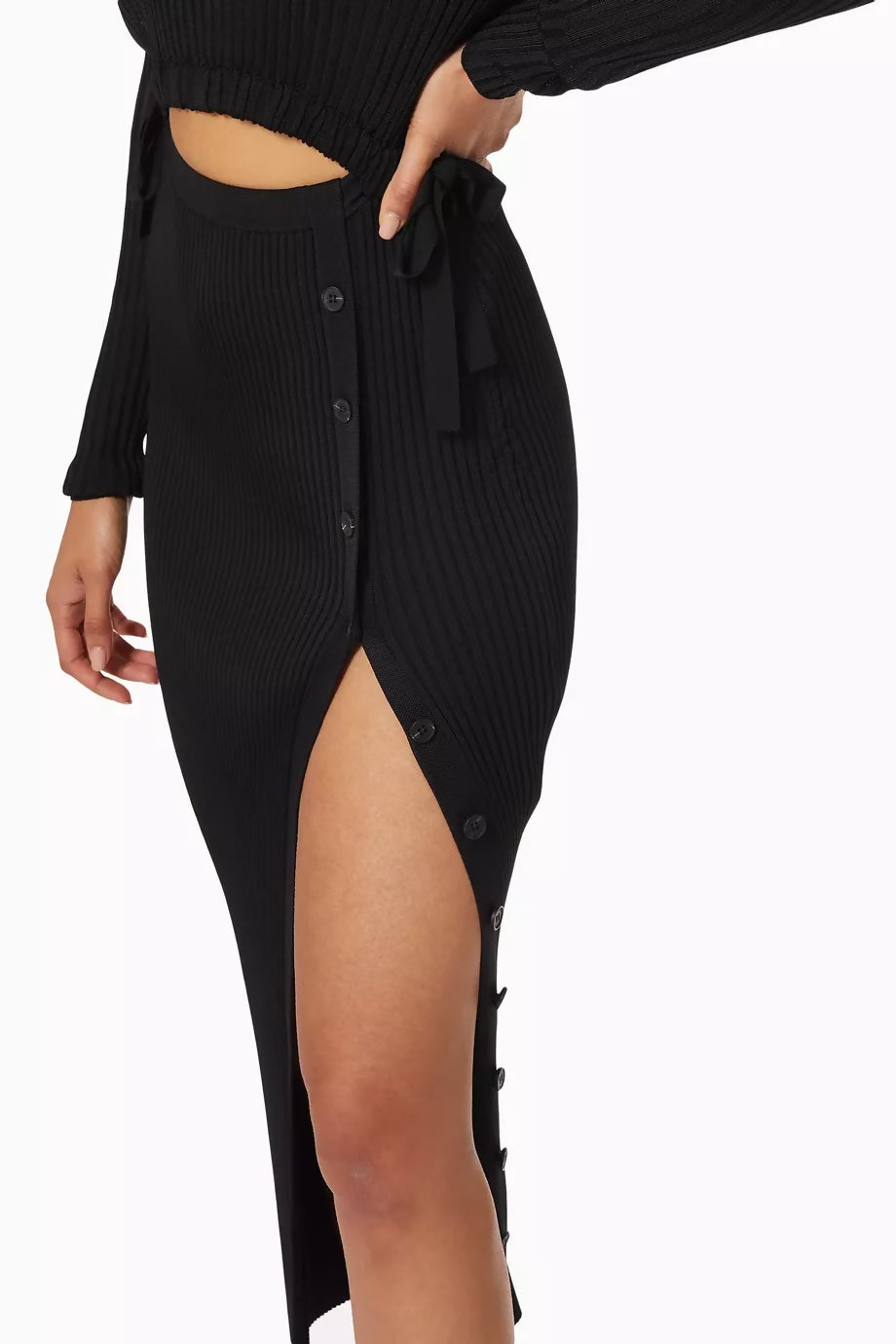 Black ribbed knit midi dress with cut-out details and side slit — Self-Portrait | Endless UAE