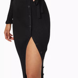 Black ribbed knit midi dress with cut-out details and side slit — Self-Portrait | Endless UAE