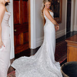 Bride wearing white lace mermaid wedding gown with train — JESSICA COUTURE | Endless UAE
