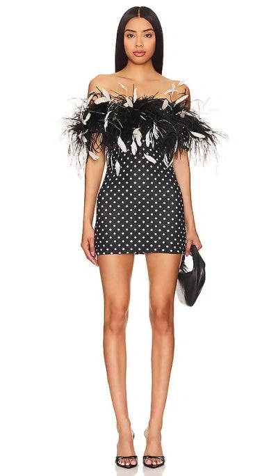 Black polka dot mini dress with feathered off-shoulder neckline — Leslie Amon | Endless UAE