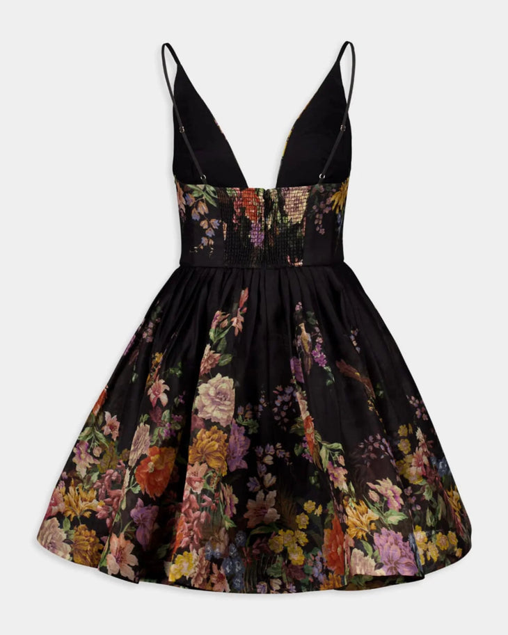 Black floral mini dress with V-neckline and full skirt — Zimmermann | Endless UAE