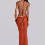 Woman wearing orange beaded crochet halter maxi dress with open back — Jaded London | Endless UAE