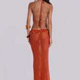 Woman wearing orange beaded crochet halter maxi dress with open back — Jaded London | Endless UAE