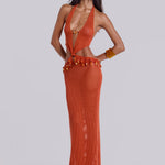Woman wearing orange beaded crochet halter maxi dress with open back — Jaded London | Endless UAE