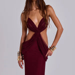 Burgundy draped maxi dress with cutout details and plunge neckline — Jaded London | Endless UAE