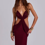 Burgundy draped maxi dress with cutout details and plunge neckline — Jaded London | Endless UAE