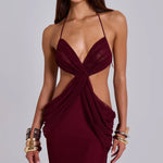 Burgundy draped maxi dress with cutout waist and halter neckline — Jaded London | Endless UAE