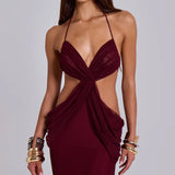 Burgundy draped maxi dress with cutout waist and halter neckline — Jaded London | Endless UAE