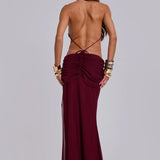 Burgundy halter neck backless maxi dress with draped detailing and gold cuff bracelets — Jaded London | Endless UAE