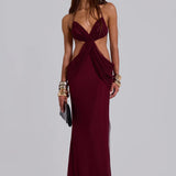 Burgundy draped maxi dress with cutout waist detail and halter neckline — Jaded London | Endless UAE