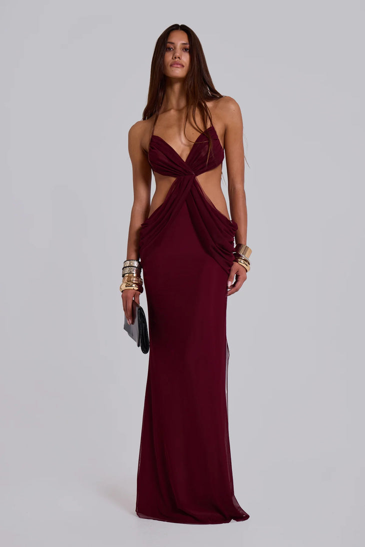 Burgundy draped maxi dress with cutout waist detail and halter neckline — Jaded London | Endless UAE