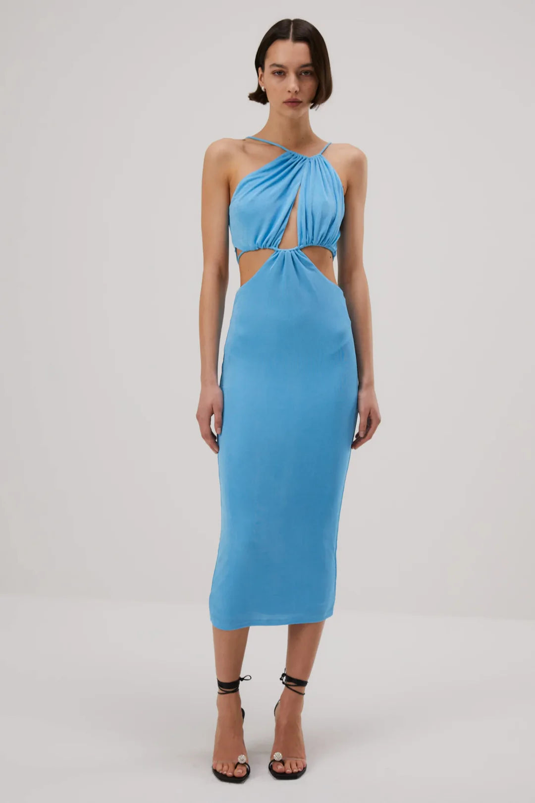 Blue halter neck midi dress with keyhole cutout and gathered waist detail — Misha | Endless UAE