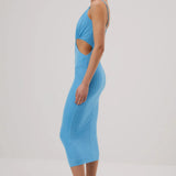 Blue sleeveless midi dress with cutout waist detail and thin straps, shown on model in profile view — Misha | Endless UAE