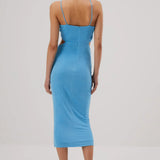Blue fitted midi dress with thin straps and back zipper closure, shown from behind — Misha | Endless UAE