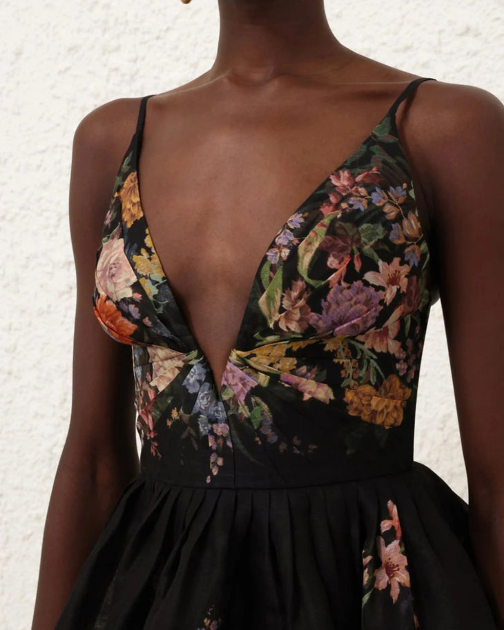 Black floral mini dress with V-neckline and full skirt — Zimmermann | Endless UAE
