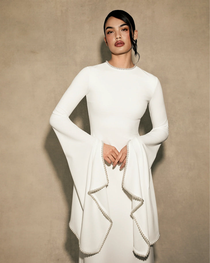 Kadela Dress in ivory cream with flowing cape sleeves — Khanum's | Endless UAE