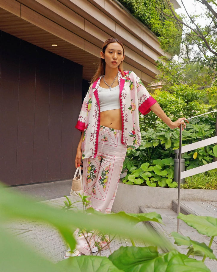 Elena II Guava Print Ensemble featuring red and white tropical print cardigan with crop top and matching pants — Kith | Endless UAE