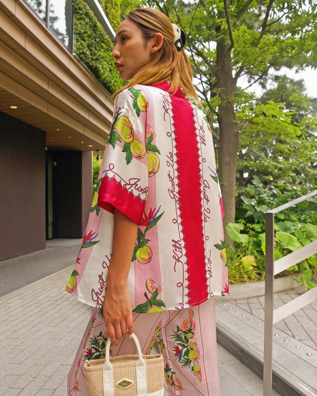 Elena II Guava Print Ensemble featuring red and white tropical print cardigan with crop top and matching pants — Kith | Endless UAE
