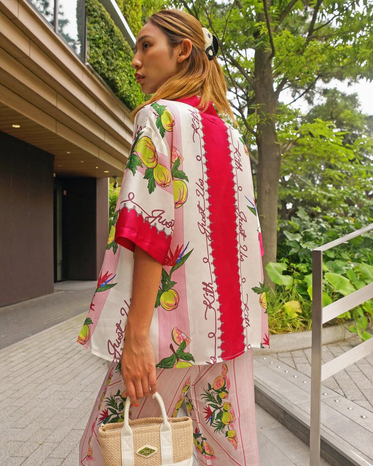 Elena II Guava Print Ensemble featuring red and white tropical print cardigan with crop top and matching pants — Kith | Endless UAE