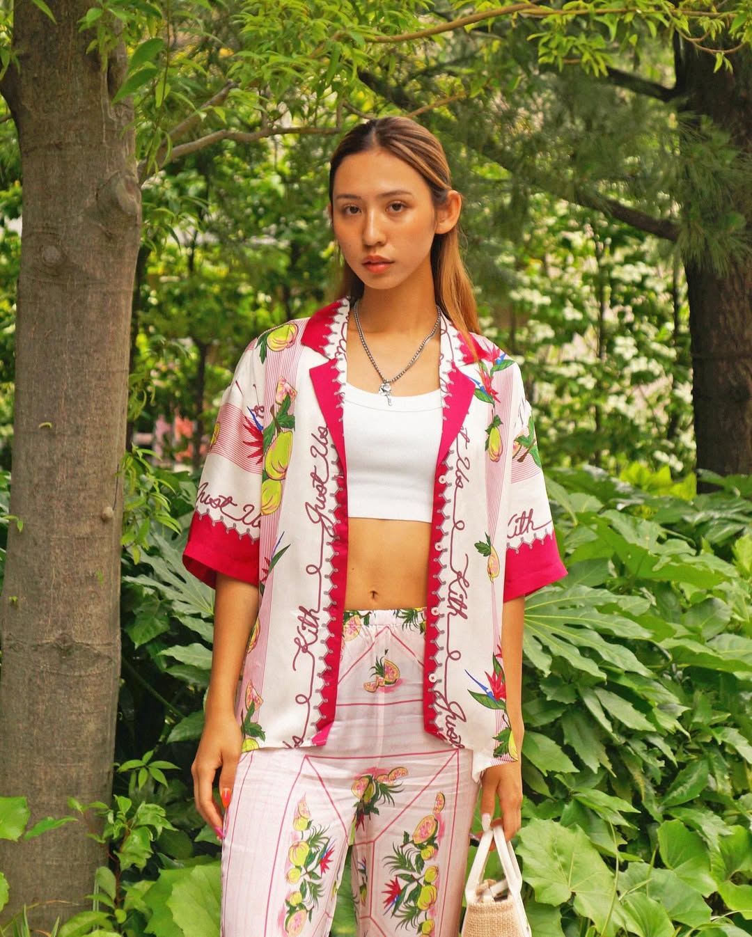 Elena II Guava Print Ensemble featuring red and white tropical print cardigan with crop top and matching pants — Kith | Endless UAE