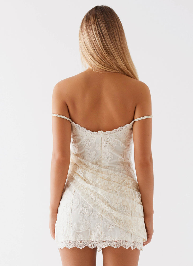 White off-shoulder lace mini dress with ruched detail and lace trim — Peppermayo | Endless UAE